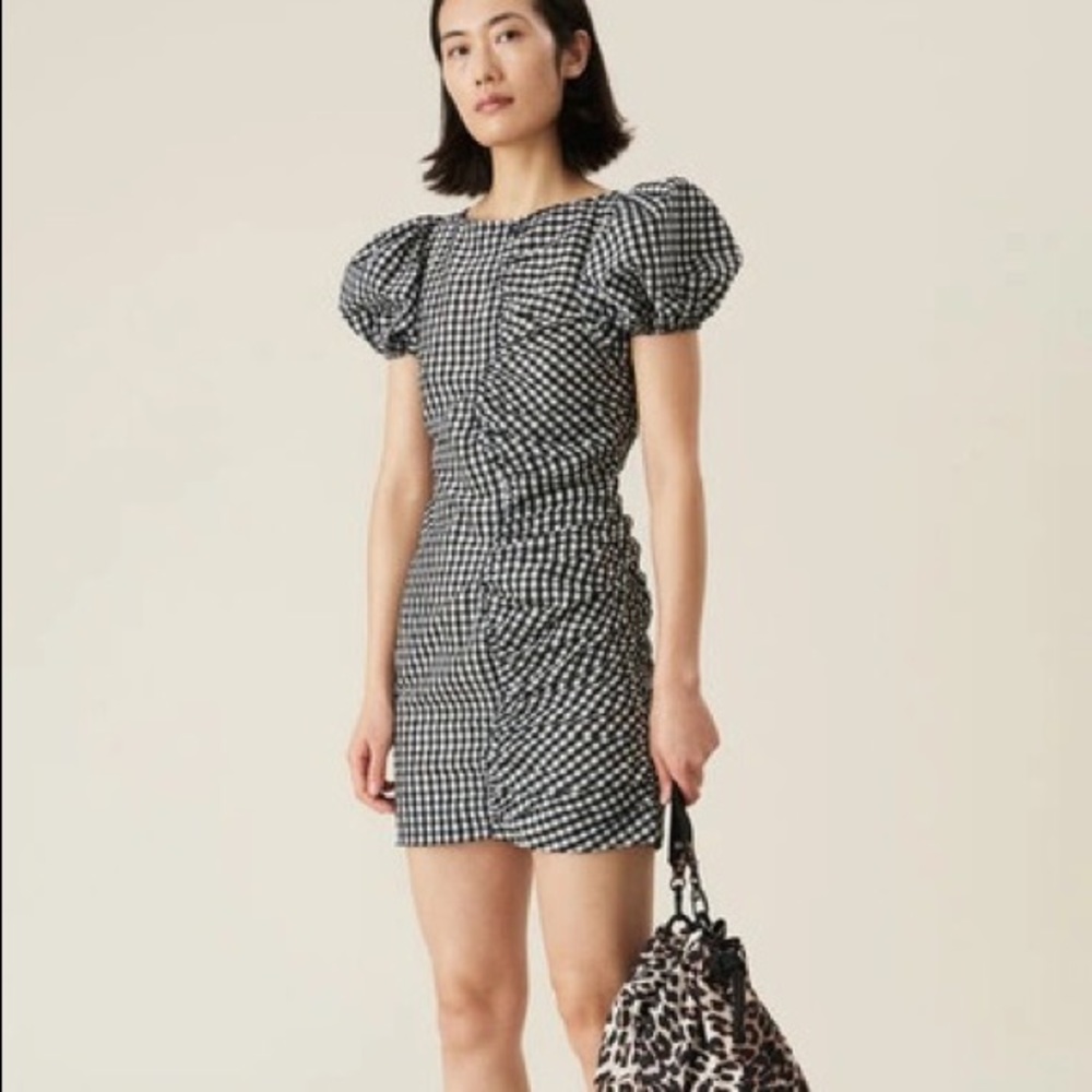 Black & White Seersucker Check Ruched Dress